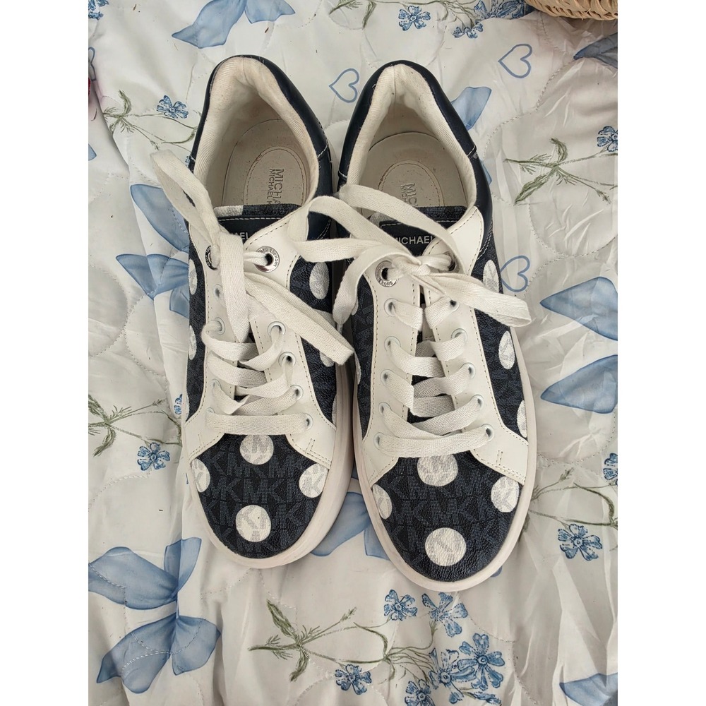 Michael Kors Navy White Polka Dot Monogram Platform Sneakers LS24L womens 9M